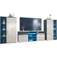 Vladon Wohnwand Davos, Anbauwand bestehend aus 2 Vitrinen und 1 TV-Board, Anthrazit matt/Sandgrau Hochglanz inkl. LED-Beleuchtung (329 x 134 x 35 cm)
