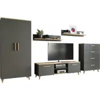 Matkam Wohnzimmermöbel-Set Nord 2, 5-teilig, 1 x TV-Kommode, 1 x Wohnzimmerschrank, 1 Schuladekommode, 2 x Hängeregale (Anthrazit-Artisan Eiche)