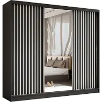 Masseno Schiebetürenschrank LAMELLO 240 cm Kleiderschrank Schlafzimmer Schrank 3-türig mit Spiegel und Lamellen Schwarz