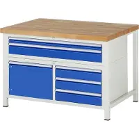 RAU Werkbank mit Schrank - 5 Schubladen - Vollauszug - 60:1 / 120:4 - höhenverstellbar 840-1.040 mm - 1.250 x 900 mm (BxT) - Traglast 1.250 kg - Buche