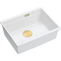 Quadron Spülbecken 1-Becken Spüle | Größe: 59,5 x 45,1 x 21,5 cm | LOGAN 100 | Küchenspüle Granitspüle aus GraniteQ mit Siphon | Weiß + Gold