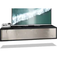 Vladon TV Board Lana 140 Hängeschrank Lowboard 140 x 29 x 37 cm, Germany, Korpus in Schwarz matt, Fronten in Sandgrau Hochglanz | Große Farbauswahl