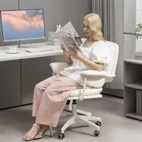 OKWISH Schreibtischstuhl Bürostuhl Arbeitsdrehstuhl mit Kippfunktion und Fußstütze,höhenverstellbar Drehstuhl mit Kunstleder-Rädern und doppellagigen Kissen,Weiß