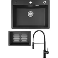 CECIPA Küchenspüle 60x45cm Granitspüle Anthrazitschwarz Mit Seifenspender + Feder-Küchenarmatur mit 2 Strahlarten Schwarz Hohe 480 mm