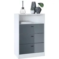 Vladon Kommode Pino V2, Germany, Anrichte mit 3 Schubladen & 1 offenem Fach, Weiß matt/Grau Hochglanz (56 x 86,5 x 36 cm)