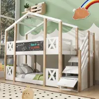 SUCCESS COURIER Etagenbett 90x200 cm Kinderbett Baumhaus mit Treppe & Stauraum Hochbett aus Kiefer-Massivholz Bettgestell mit Rausfallschutz & Lattenrost Weiß