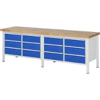 RAU Werkbank mit 12 Schubladen - Vollauszug - 180:12 - höhenverstellbar 840-1.040 mm - 2.500 x 700 mm (BxT) - Traglast 1.250 kg - Buche