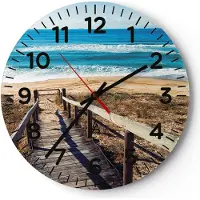 ARTTOR Wanduhr - Rund - Glasuhr - Meer Strand Eintritt - 30x30cm - Schleichendes Uhrwerk - Lautlos - zum Aufhängen bereit - Dekoration Modern - Wanddekoration aus Glas - C4AR30x30-4359