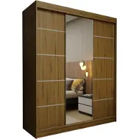 Masseno Schiebetürenschrank MIRELLA 180 cm Kleiderschrank Schlafzimmer Schrank 3-türig mit Spiegel Eiche Artisan