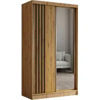 Masseno Schiebetürenschrank NELVIA 120 cm Kleiderschrank mit 2 Schubladen Schlafzimmer Schrank 2-türig mit Spiegel und Lamellen Eiche Artisan