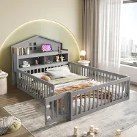 Sweiko Kinderbett 140 x 200, Massivholz-Kinderbettrahmen, Hausleiste, mit Einlegeböden und Stauraum, mit Schutzgitter und Tür, mit Bilderleiste, mit Lattenrost, Grau