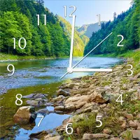 Wallario Design Wanduhr Fluss in den Bergen an steinigem Ufer aus Echtglas, Größe 30 x 30 cm