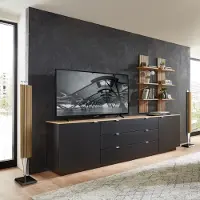 Lomadox TV Sideboard Set mit Wandregalen Fernsehschrank schwarz mit Eiche, Breite 240 cm CUST-36