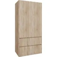Inny Moderner Kleiderschrank in Sonoma Eiche, 90cm Breit, 180cm Hoch, Laminierte Platte, 2 Schubladen, 2 Türen mit Kleiderstange und Einlegeböden