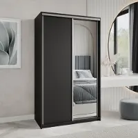 Masseno Schiebetürenschrank TAVI 120/205/60 cm Kleiderschrank mit Schubladen Schlafzimmer Schrank 2-türig mit Spiegel Schwarz + Satin