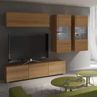 Lomadox Wohnwand mit 2 Hängevitrinen in Eiche Gold Nb. mit Beleuchtung CAIRNS-132, B/H/T ca. 230/200/43 cm