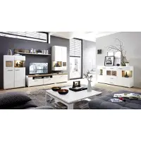 Lomadox Wohnzimmer Möbel weiß mit Eiche Applikationen FARO-36 Set inkl. LED Beleuchtung, B/H/T: ca. 315/205/47 cm