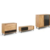 Feldmann-Wohnen Wohnzimmer-Set Modern Loft Wohnwand Massivholz geölt Ausführung wählbar,Kommode, Lowboard, Weinregal (Glas),Eiche Natur