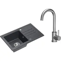 VBChome Spülbecken Granit Schwarz mit Armatur 70 x 44 cm Einzelbecken Einbauspüle Gesprenkelt Reversibel Granitspüle Siphon Waschbecken Schwarz mit Armatur Inox