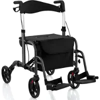 Goplus Rollator, 2 in 1 Rollstuhl faltbar aus Aluminium bis 136kg belastbar, höhenverstellbarer Reiserollator leichtgewicht, Gehhilfer Transportstuhl mit Fußstütze für Ältere (Schwarz)