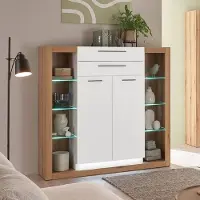 Lomadox Wohnzimmer-Set mit 2 Vitrinenschränken & Highboard in Eiche mit weiß matt, inkl. LED Beleuchtung, modern 3 teilig BELLAGIO-61