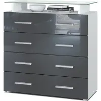 Vladon Sideboard Pavos V2, Kommode mit 4 Schubladen und Glasablage, Weiß matt/Grau Hochglanz (76 x 81 x 35 cm)