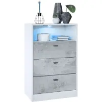 Vladon Kommode Pino V2, Germany, Anrichte mit 3 Schubladen & 1 offenem Fach, Weiß matt/Beton Oxid Optik (56 x 86,5 x 36 cm), mit RGB LED-Beleuchtung