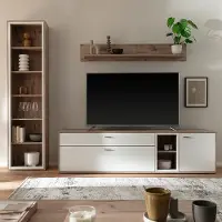 Lomadox Wohnwand in Eiche und weiß modern mit Vitrine, Wandboard & Lowboard, 3-teilig - SAGUNTO-05