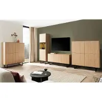Lomadox Wohnzimmer-Set in Eiche mit Vitrinenschrank inkl. Beleuchtung, Lowboard und Highboards, Metallgestelle, 4-teilig - KASOL-61