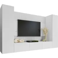 Mirjan 24 Wohnwand Deromi V, Wohnzimmer Möbel Set, Griffloses Öffnungssystem push to open, 4er-Set (Farbe: Weiß / Weiß + Weiß Marmor)