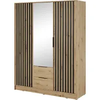 Emporius Furniture Kleiderschrank mit Spiegel 150 cm Fioro - Schrank vom Hersteller, Schlafzimmerschrank - Drehtürenschrank mit Lamellen, 3 Tür (Artisan Eiche)