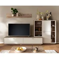 Lomadox Wohnwand in Eiche und weiß modern mit Wandboard, Lowboard & Highboard, 3-teilig - SAGUNTO-05
