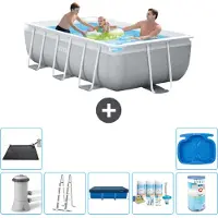Intex Rechteckiges Prisma-Rahmen-Schwimmbecken – 300 x 175 x 80 cm – Grau – inklusive Pumpe – Leiter Abdeckung - Wartungspaket - Filter - Solarmatte - Fußbad