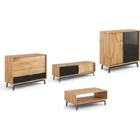 Feldmann-Wohnen Wohnzimmer-Set Modern Loft Wohnwand Massivholz geölt Ausführung wählbar,Kommode, Lowboard, Weinregal (Glas), Couchtisch,Eiche Natur