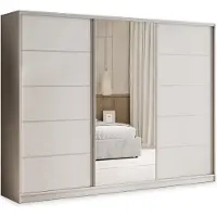 Masseno Schiebetürenschrank PINA 250/205/58 cm Kleiderschrank mit 4 Schubladen Schlafzimmer Schrank 3-türig mit Spiegel Kaschmir