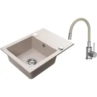 VBChome Granitspüle 59 x 44 cm Beige mit flexibler Armatur Einzelbecken Einbauspüle Reversibel Gesprenkelt Pflegeleichtes Spülbecken mit Siphon