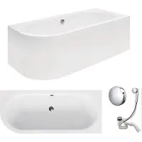 VBChome Badewanne 180 x 80 cm Acryl SET Schürze Siphon Wanne Ecke Eckbadewanne Weiß Design Modern Ablaufgarnitur in Chrom Viega Simplex für 2 Personen Rechts