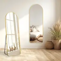 MIQU Bogen Standspiegel Ganzkörperspiegel 146 x 45 cm mit Ständer, Gold Matt Metall Rahmen Wandspiegel Lang Dekorative Groß Spiegel Wand Hänger