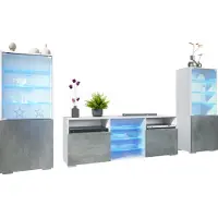 Vladon Wohnwand Granada, Anbauwand bestehend aus 2 Vitrinen und 1 TV-Board, Weiß matt/Beton Dunkel Optik inkl. LED-Beleuchtung (286 x 122,5 x 35 cm)