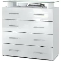 Vladon Sideboard Pavos V2, Kommode mit 4 Schubladen und Glasablage, Weiß matt/Weiß Hochglanz (76 x 81 x 35 cm)