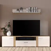 Lomadox TV-Lowboard Set in Eiche Nb. AKRON-131 modern mit Fronten in Hochglanz weiß 2-teilig mit TV Board und Wandboard