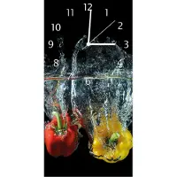 Wallario Design Wanduhr Paprika-Mix - frische Paprika in rot, gelb und grün im Wasser aus Echtglas, Größe 30 x 60 cm