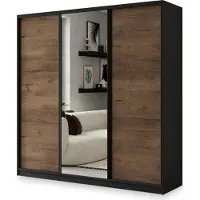 Masseno Schiebetürenschrank SORE 200/205/58 cm Kleiderschrank mit 4 Schubladen Schlafzimmer Schrank 3-türig mit Spiegel Schwarz / Eiche Lefkas