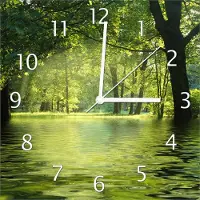 Wallario Design Wanduhr Idyllischer See im Wald bei Sonnenschein aus Echtglas, Größe 30 x 30 cm