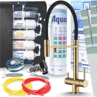 ARI HighFlex 3-Wege Küchenarmatur Gebürstetes Gold Ausziehbar mit 5-Stufen Wasserfiltersystem Untertisch Trinkwasserfilter