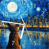 Wallario Design Wanduhr Katze im Mondschein aus Echtglas, Größe 20 x 20 cm