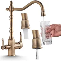 ARI 3-Wege Küchenarmatur Retro mit Wasserfilter-Anschluss, Feststehender Auslauf, 360° schwenkbar, Einzelauslauf, Keramikkartusche Gold