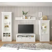 Lomadox Wohnwand in Pinie weiß mit LED-Beleuchtung, 4-teilig, Landhaus-Stil - RAPLA-61