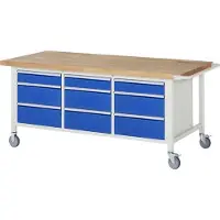 RAU Mobile Werkbank mit 9 Schubladen - Vollauszug - 120:3 / 210:6 - 880 x 2.000 x 900 mm (HxBxT) - Traglast 450 kg - Buche