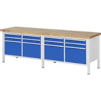 RAU Werkbank mit 12 Schubladen - Vollauszug - 90:8 / 360:4 - höhenverstellbar 840-1.040 mm - 2.500 x 700 mm (BxT) - Traglast 1.250 kg - Buche